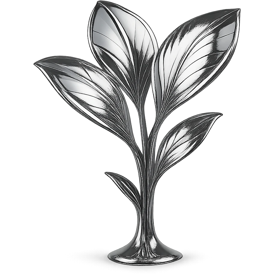 reflective chrome plant with three distinct petals sprouting from the ground, highly metallic emoji