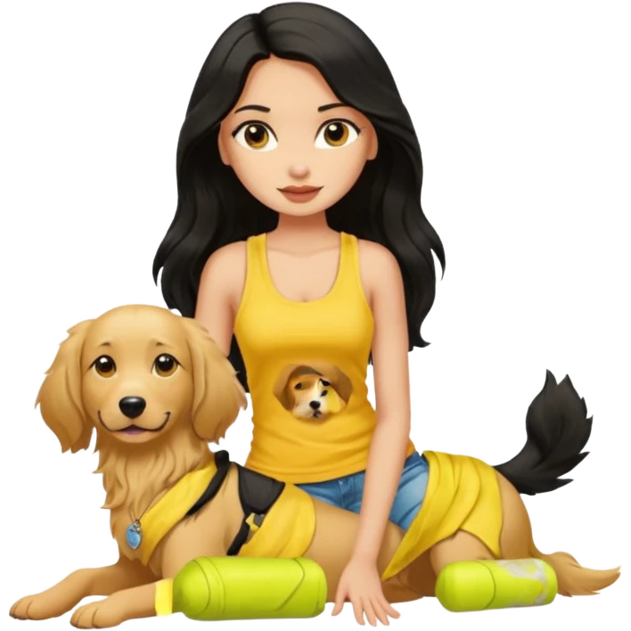 a tan pretty bratz girl with long wavy black hair, wearing a yellow tank top with a street dog emoji