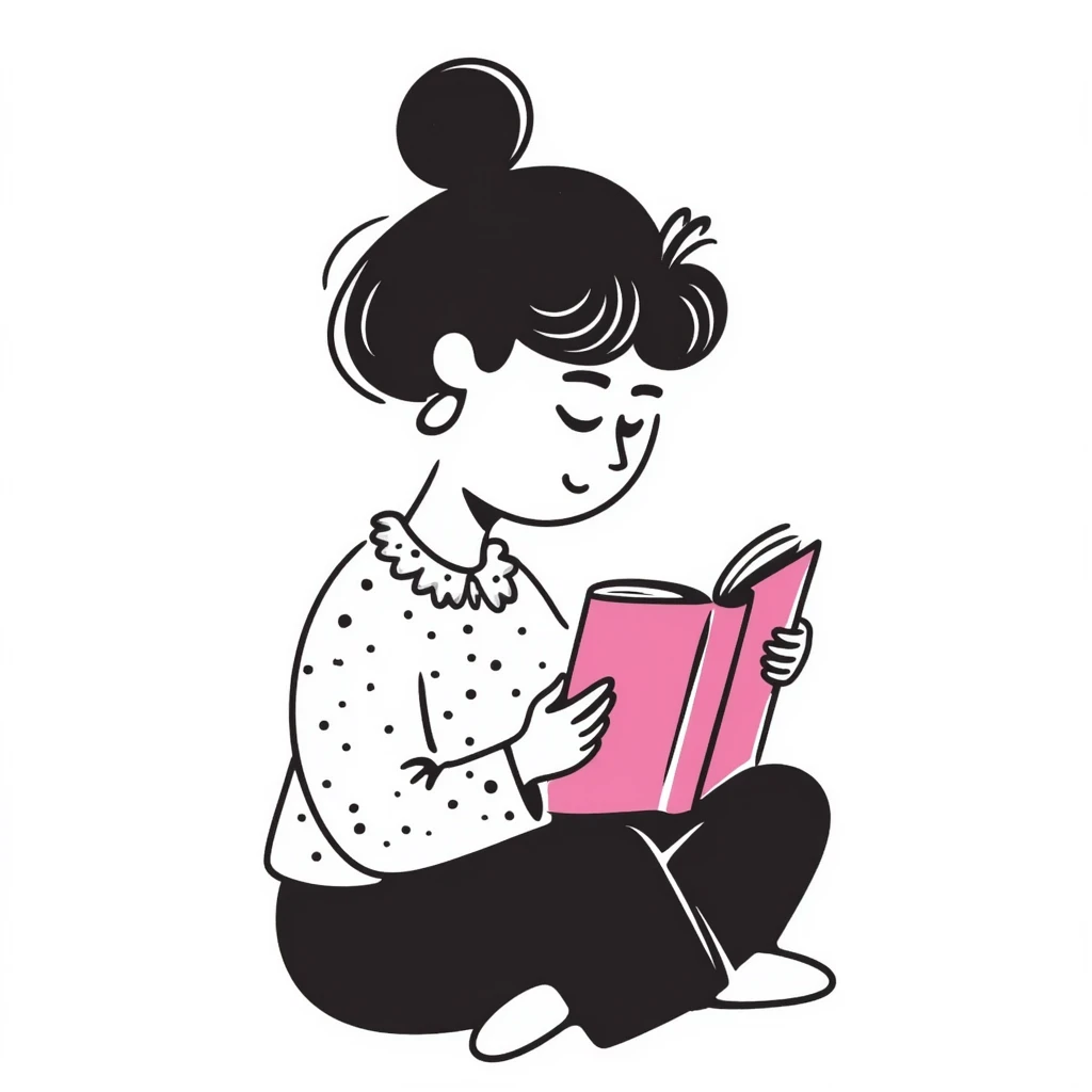 girly character with brown soft curly hair reading a pink book emoji