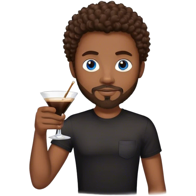 black man with brown curly hair and blue eyes facial hair black shirt holding espresso martini emoji