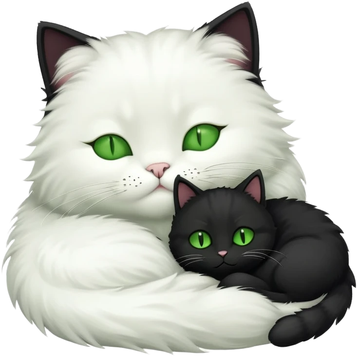 Big black cat with green eyes is sleeping with a small white cat emoji