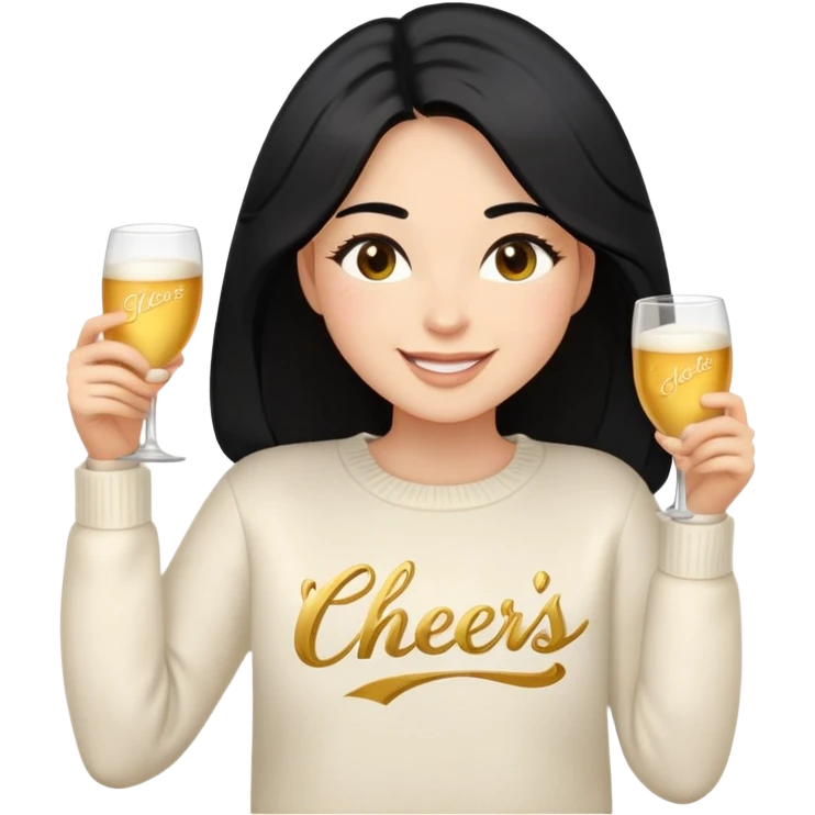 A woman with longer black hair, light to medium skin tone, full cheeks, and almond-shaped eyes, wearing a simple white sweater with the word 'cheers' in gold script, joyful and radiant expression, cheerful, emoji style, just her torso, no hands, no cups, no drinks. emoji