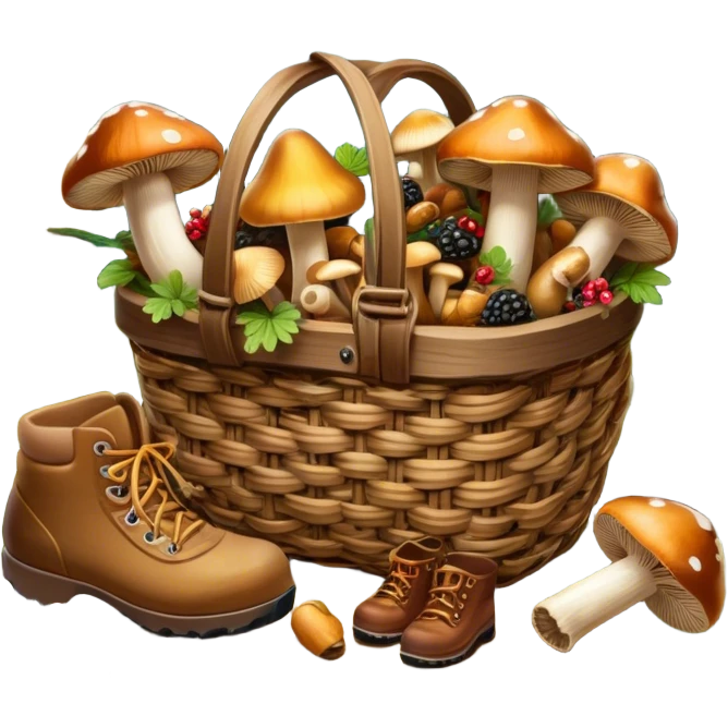 Icon for Mushroom and Berry Tourism: a basket filled with mushrooms chanterelles, boletus and aspen and berries, surrounded by forest elements like trees, leaves and a hiking boots. The icon should capture the joy of foraging in nature. Transparent background. emoji
