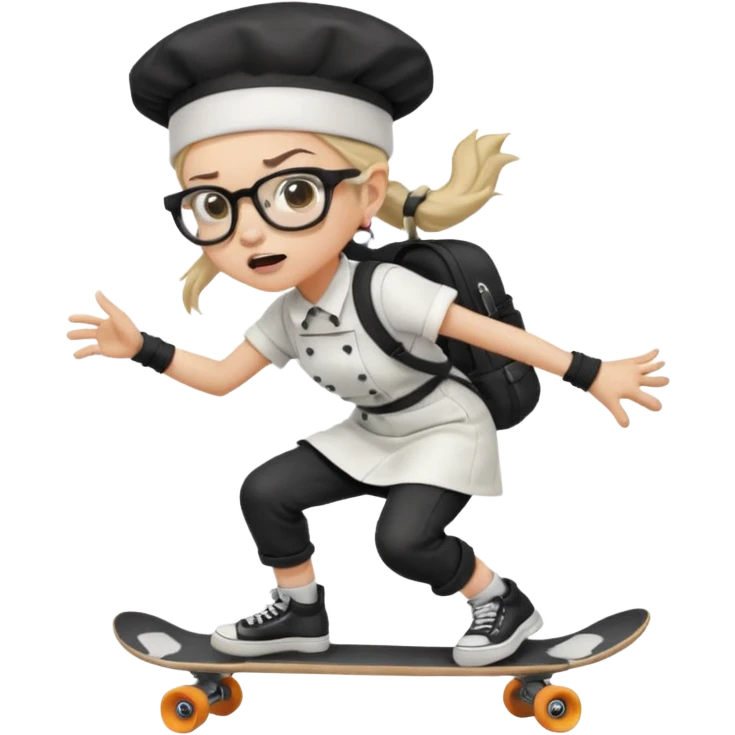 ["An angry woman with light skin, ponytail, wearing a chef hat and square glasses, dressed in goth fashion, is skateboarding while holding a backpack."] emoji