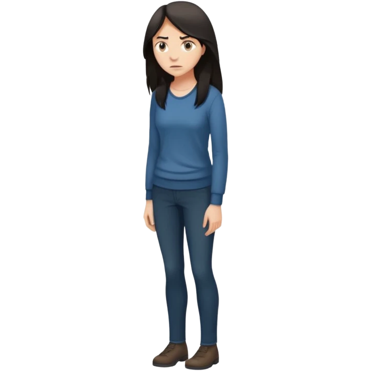 "Cartoon emoji of a woman with long, loose dark hair, wearing plain, simple clothes. Full-height, standing, nervous, unsure, worried expression. Slightly hunched, anxious posture. Smooth, simple, stylized."Eyes looking down or away, avoiding direct contact emoji
