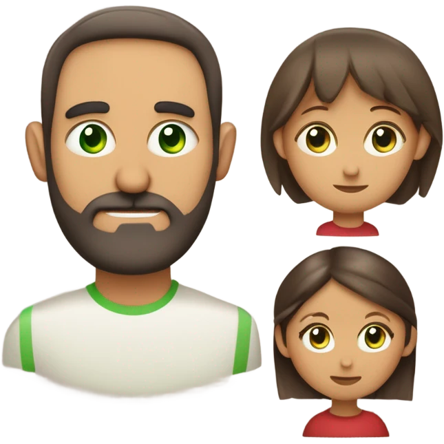 familia de tres personas: una madre de ojos verdes piel clara y pelo rojo rizado, un padre calvo de ojos verdes con barba corta y piel clara, una hija de piel clara ojos verdes con braquets y pelo liso con marrón claro y dos mechones rubios delante emoji