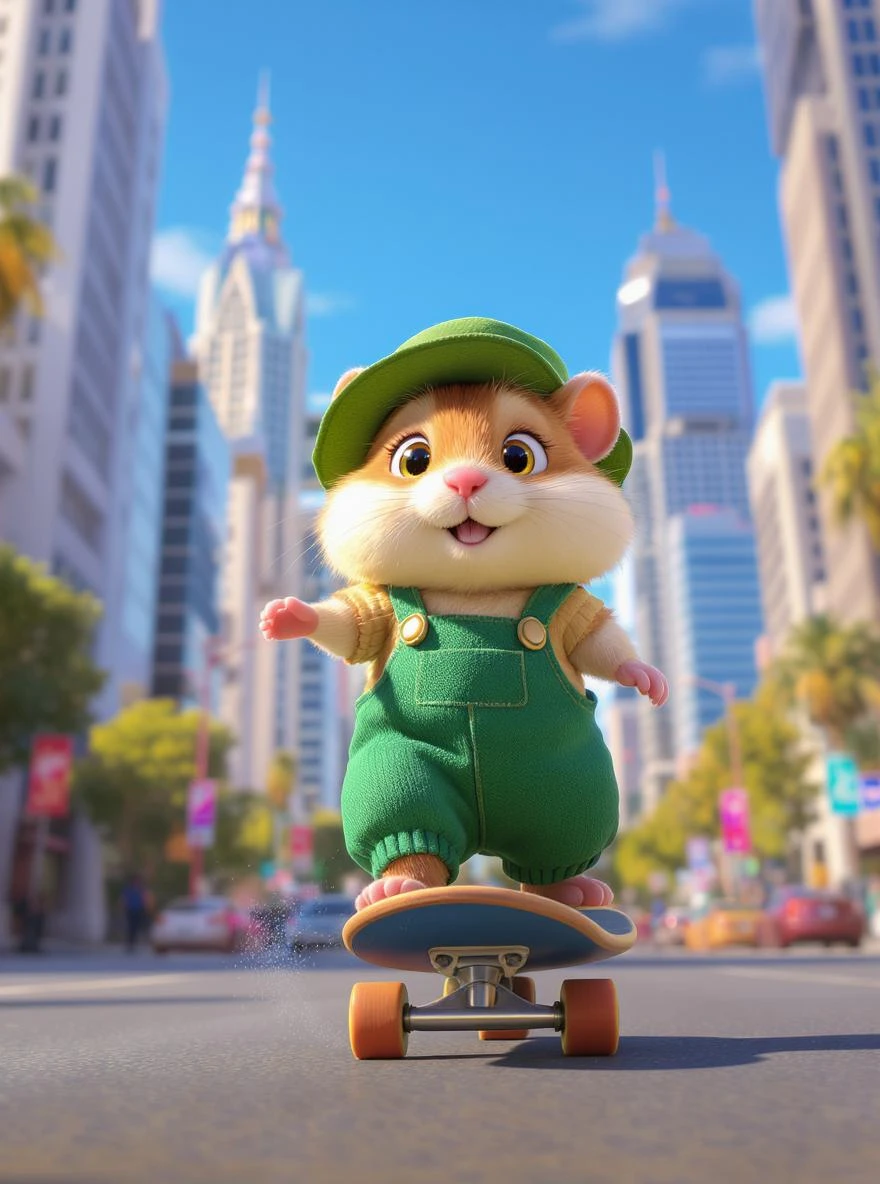 Disney style Cinematic still scane, Low angle shot, hamster dress in green outfit, hamster ride on skateboard, san francisno downtown with city lanscape, blue clean sky, captured by ARRI Alexa XT, soft cinematic lightning, back light, inspired by ToyStory 4 emoji