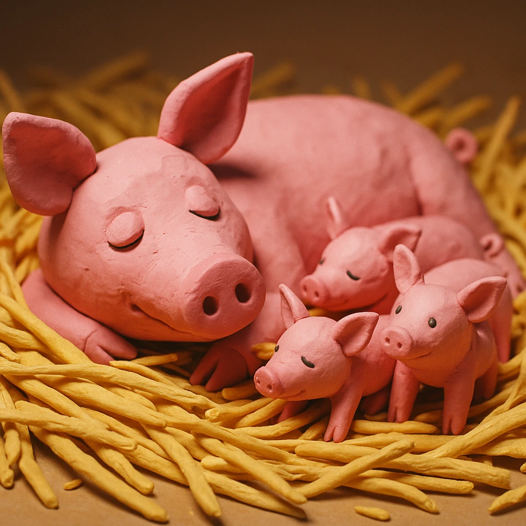 claymation style mother pig lying in straw with piglets around her, soft lighting, vibrant and cute emoji