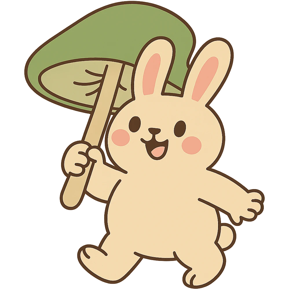 chubby bunny holding a mushroom umbrella, pastel beige and moss green, pastel toon style emoji
