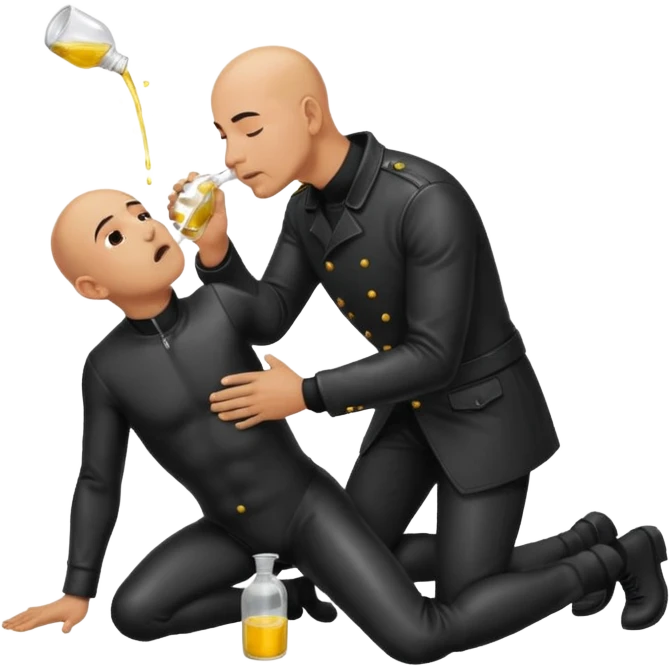 Bald man on his knees submissive to tall, standing man in leather, pouring piss down his throat emoji