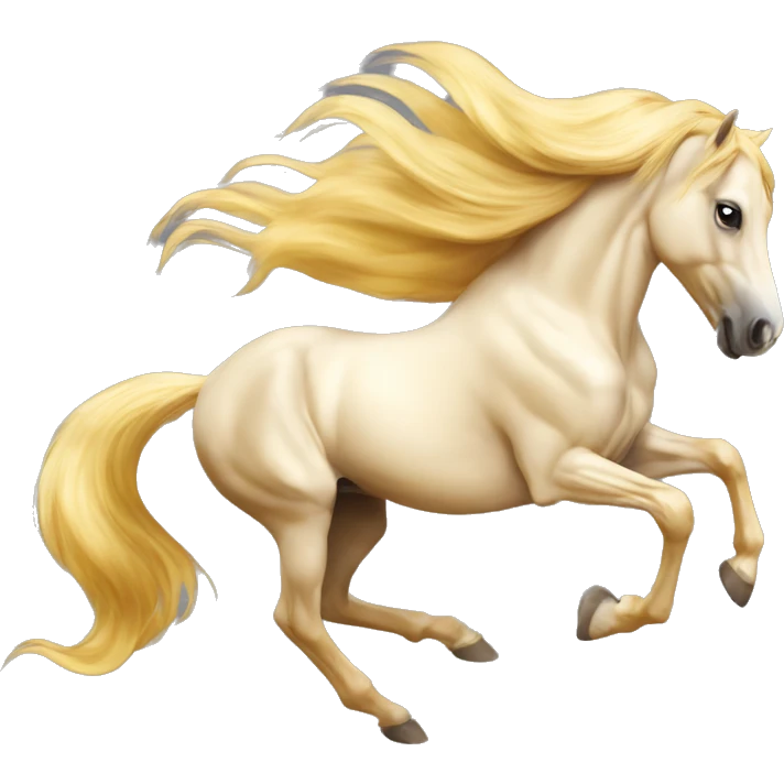 Yellow palomino horse with long flowing mane galloping with prosthetic leg, slender horse, solid yellow horse, running, galloping with prosthetic leg, pretty horse, horse with piebald foal emoji