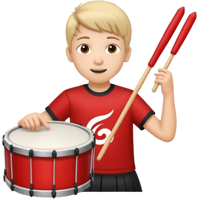 A young boy wearing team colors, banging a small drum excitedly. emoji