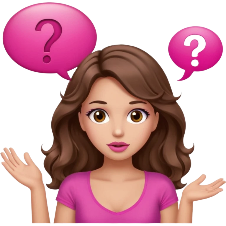 girl with long wavy brown hair, brown eyes, long lashes makeup, sexy pink lips, light to medium complexion, wearing a pink sexy top, shugging, question mark one speech bubble emoji