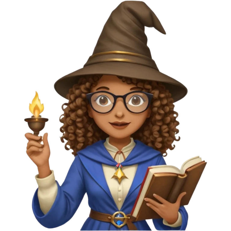 A Joyful Adult Female with Brown skin and Curly hair, wearing a Traditional outfit, a Wizard hat, Sunglasses, carrying a Spellbook, working as a farmer, while drinking Coffee and reading a Textbook. emoji