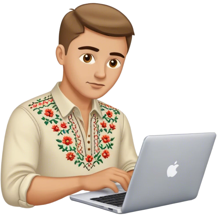 A Ukrainian guy in an embroidered shirt works at his laptop emoji