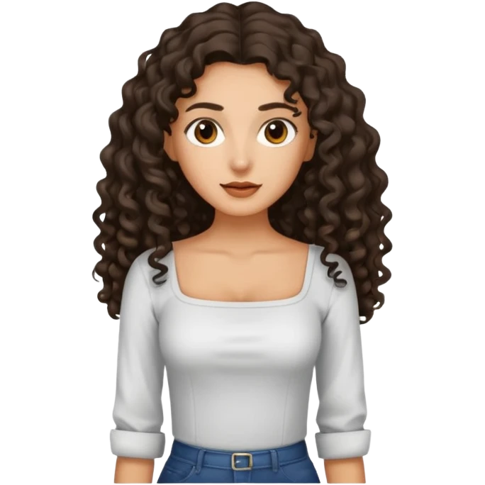 A tan girl with SUPER long dark curly hair and a square neckline shirt emoji