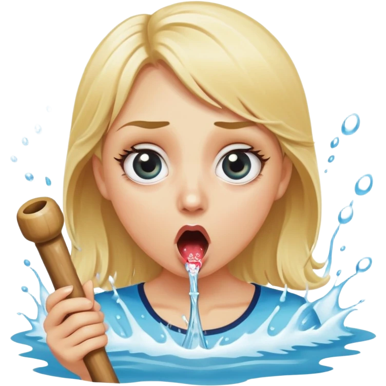 blond woman with wide eyes, holding a wide skin-colored stick with a prominent round knob on the edge, water squirting from the knob into her mouth, shocked face emoji
