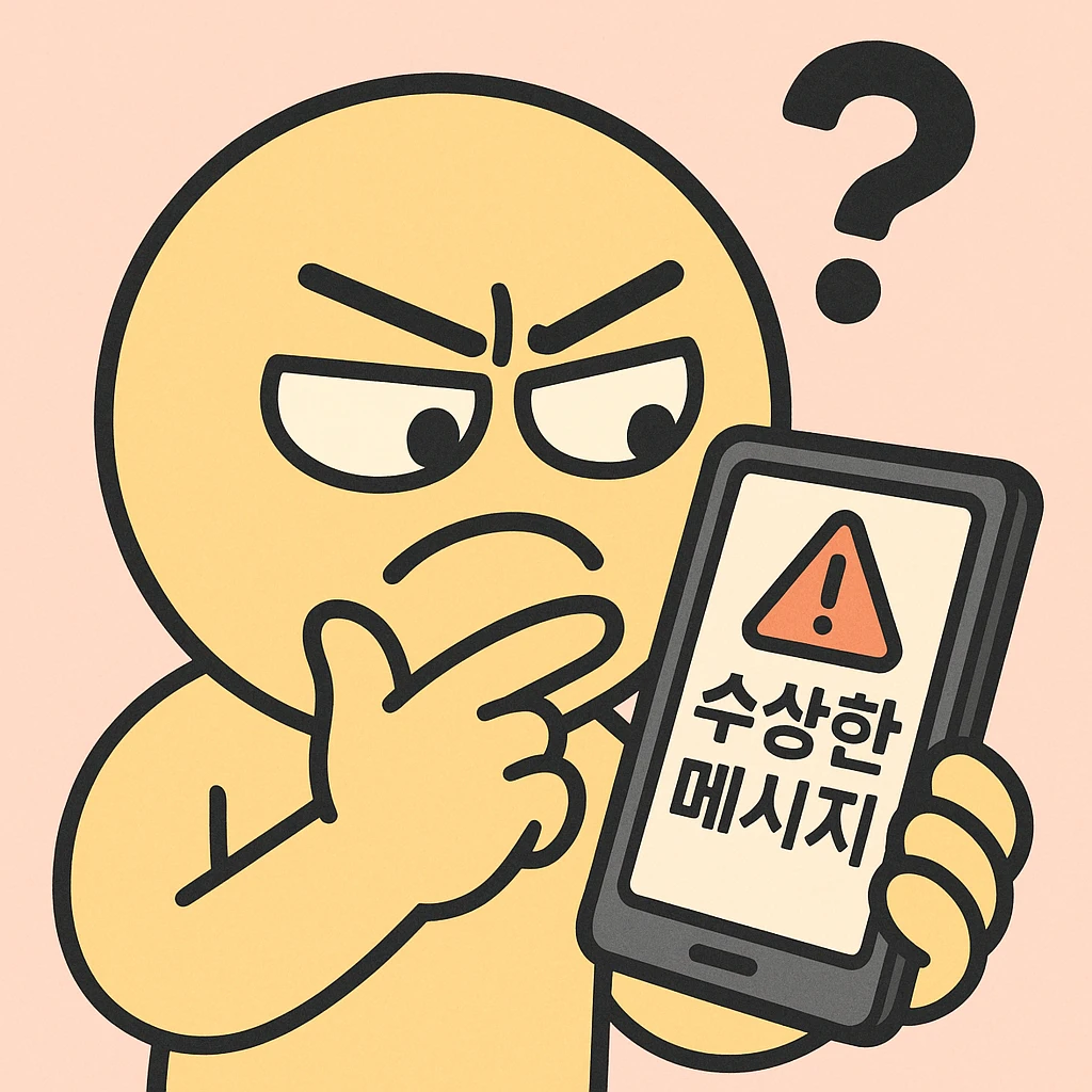 emoticon-style cartoon character looking suspiciously at a smartphone screen, screen displays '수상한 메시지' or '경고!' in Korean, with a question mark and red exclamation mark icon, flat design, bright colors, pastel background, 360x360px, PNG emoji