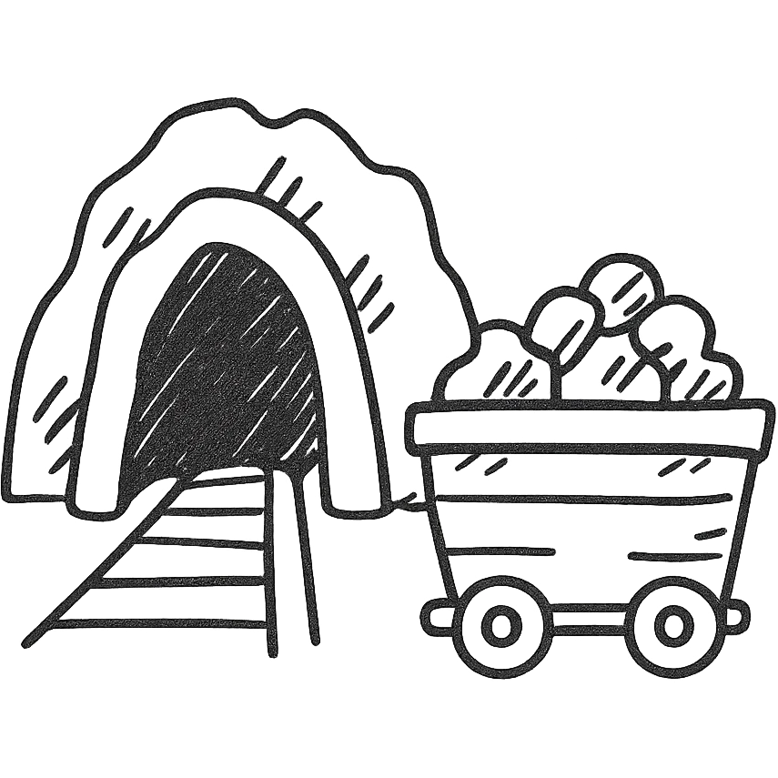 hand-drawn outlined gold mine with cart and gold emoji