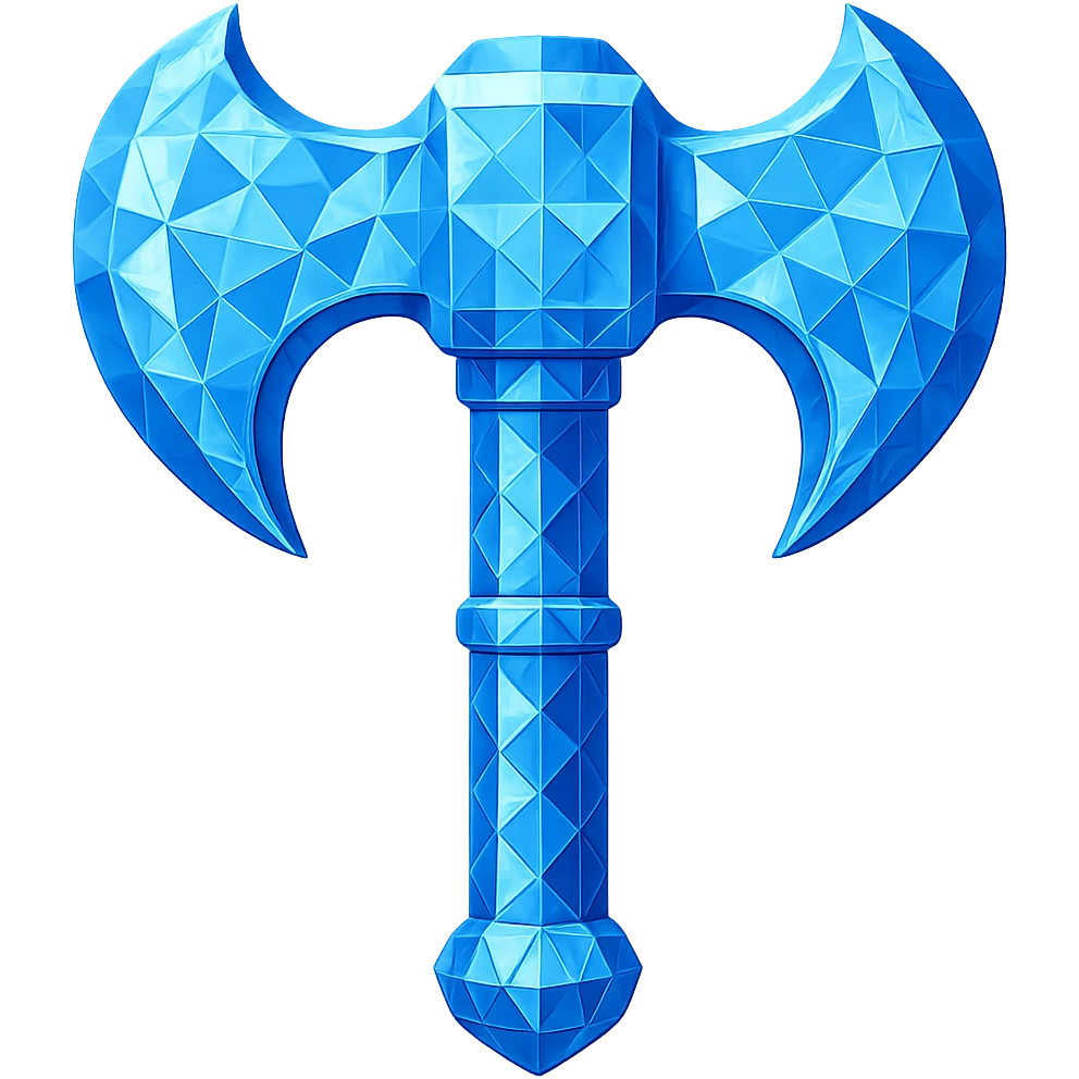 Transform the battleaxe into a diamond version, matching the color, faceted texture, and shine of the diamond chestplate reference. Keep the exact shape and proportions of the original battleaxe. Transparent background. emoji