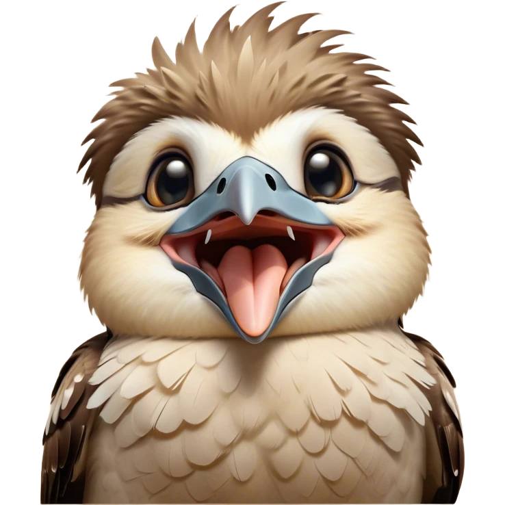 Cinematic Cute Yawning Kookaburra Portrait Emoji, Head tilted slightly with a dramatic, wide-open yawn, showcasing a soft, downy brown plumage with gently drooping wings and a relaxed beak, round eyes barely open in drowsy contentment, Simplified yet irresistibly adorable features, highly detailed, glowing with a soft, cozy glow, high shine, relaxed yet expressive, stylized with a touch of bushland charm, bright and endearing, soft glowing outline, capturing the essence of a sleepy yet affectionate kookaburra, so drowsy it feels like it could flutter out of the screen and curl up for a nap! emoji