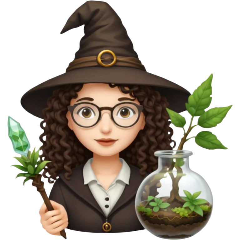 A long curly haired brunette girl with a witch hat, round white glasses, and a plant wand or plant potion terrarium emoji