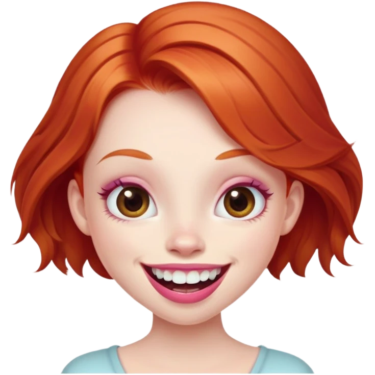 Young girl with pale skin, full pink lips smiling with big teeth, ginger red hair (very long), bigger nose, extra large brown eyes (very big eyes), big mouth emoji