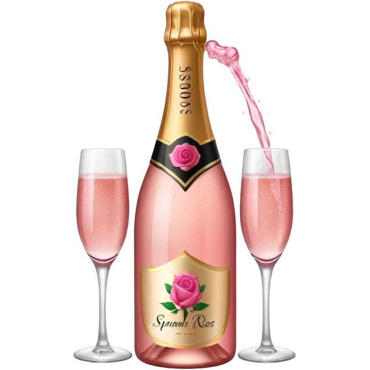 bottle of sparkling rose champagne tilted up and to the right, with a rose logo emoji