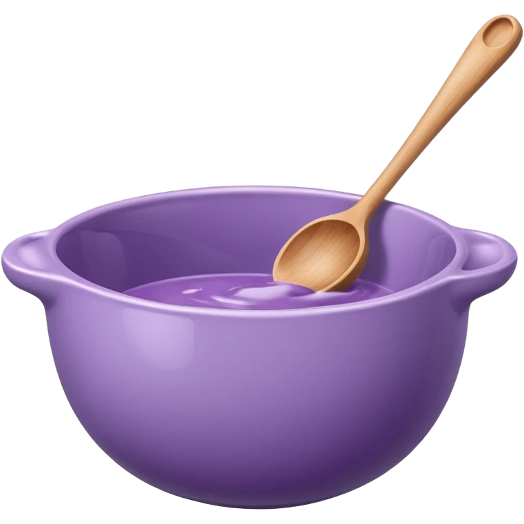 a lilac ceramic mixing bowl with a wooden spoon stirring emoji