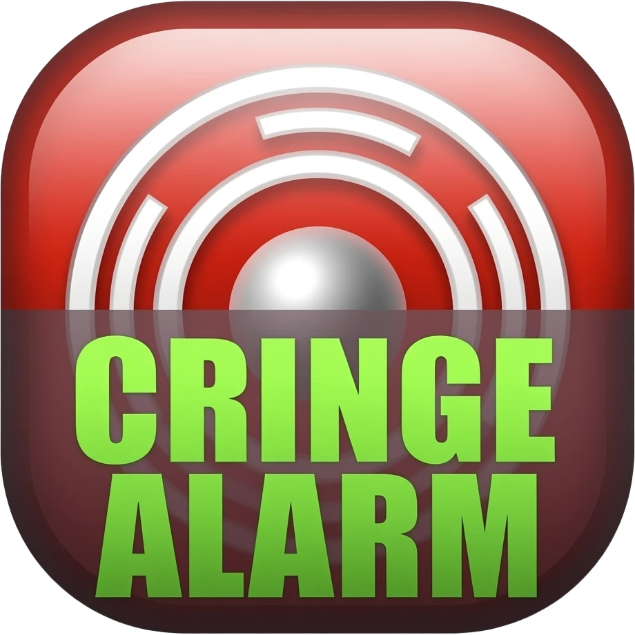 A blaring siren with visual sound effects, a label that covers the bottom half of the emoji with text "Cringe Alarm" with a very big green horror font, filled background emoji