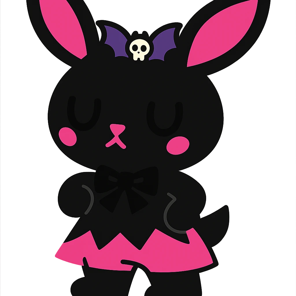 Replace the lace bow with a bat-shaped hair clip, keep gothic bunny, black and pink colors, vibrant toon style, no background. emoji