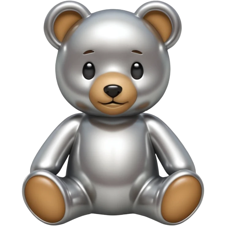 A cute teddy bear emoji made of liquid silver chrome, smooth rounded body, glossy metallic surface, soft reflections, friendly proportions, iOS emoji style, centered, clean white background emoji