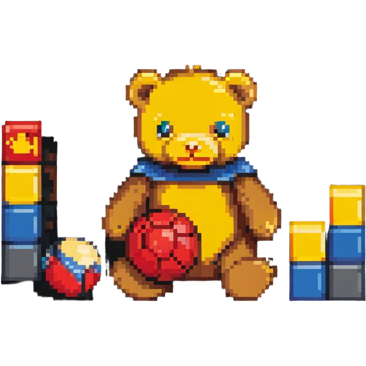 classic childhood toys scattered - brown teddy bear, yellow duck toy, primary colored blocks, red ball, superhero figure emoji