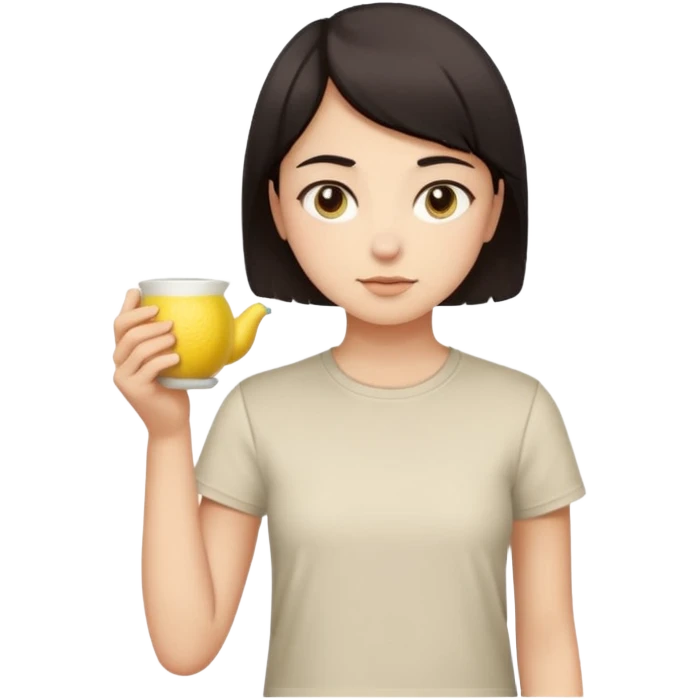 человек с короткими тёмными волосами и круглым лицом. У него спокойное, нейтральное выражение лица, тёмные глаза, аккуратные брови. Он стоит прямо на фоне светлой стены. На нём светлая футболка с небольшим рисунком. В целом образ выглядит простым и аккуратным. В руках чай с лимоном emoji