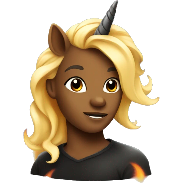 Black unicorn with flames and blonde hair emoji
