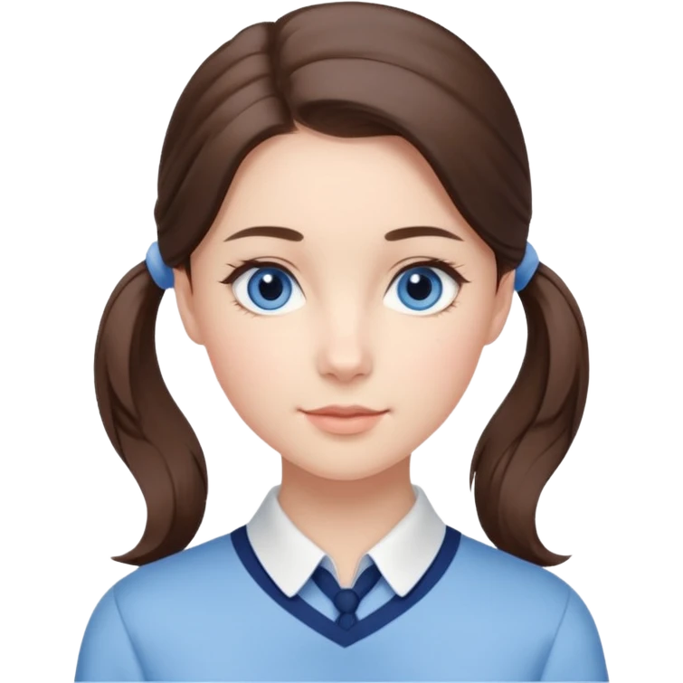 Realistic Student Portrait, with porcelain-like skin featuring a natural rosy flush, illuminated by soft lighting that highlights the gentle contours of her face. Her Brunette pony tail hair flows in soft, Her deep blue eyes radiate warmth and innocence,  wear light blue preppy style. emoji