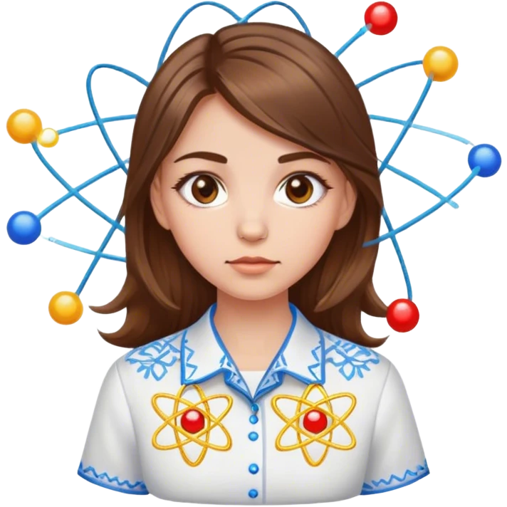 a Ukrainian girl with brown hair in an embroidered shirt and an atom emoji