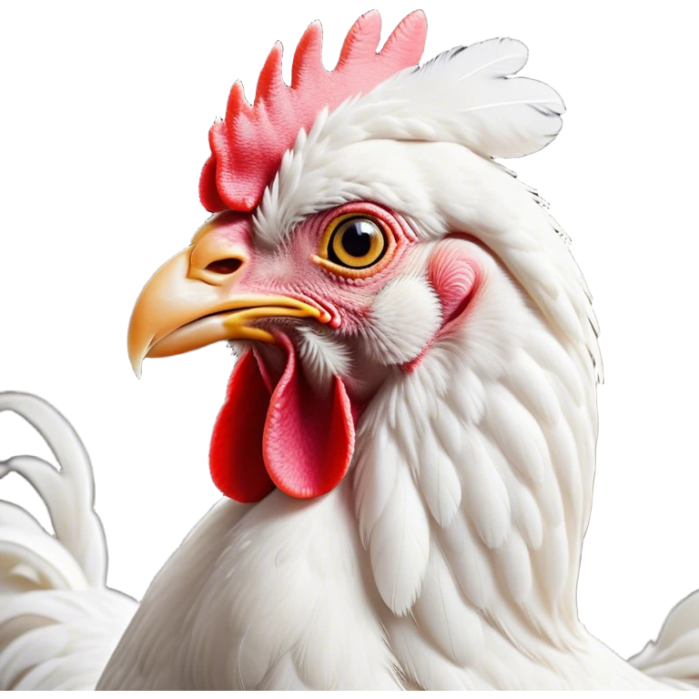 Cinematic Noble White Chicken Portrait Emoji, Poised and regal, with a compact, sturdy build and a pristine, well-groomed pure white plumage, deep-set soulful beady eyes, Simplified yet sharp and sophisticated features, highly detailed, glowing with a soft, dignified glow, high shine, intelligent and alert, stylized with an air of barnyard elegance, focused and attentive, soft glowing outline, capturing the essence of a watchful and confident fowl, so majestic it feels as though it could strut out of the screen with effortless authority! emoji
