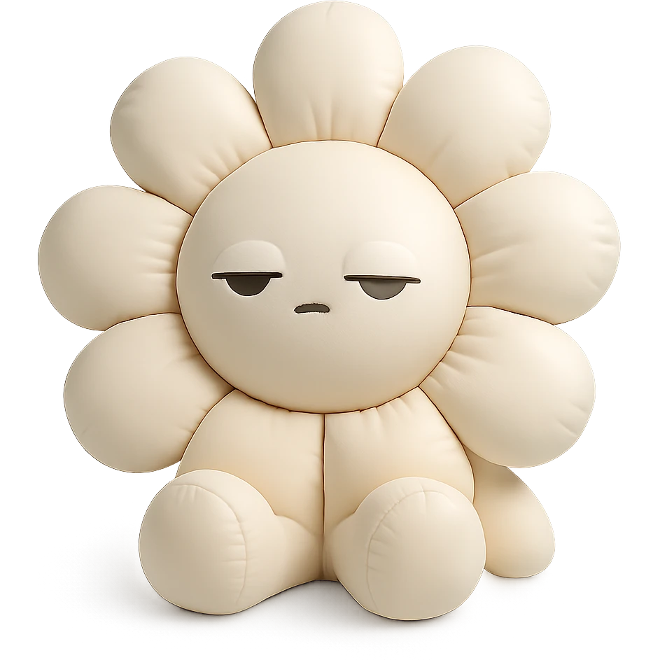 creamy white daisy flower with sleepy half-lidded eyes, sitting down with a blank stare, extremely soft round pastel character, cushion style emoji