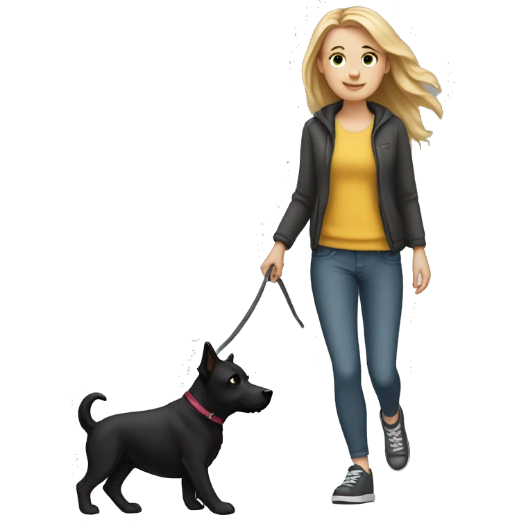 White Girl walk with a black dog emoji