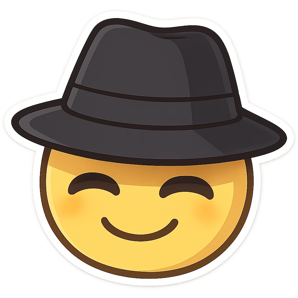 stylized yellow face smiling with a black fedora hat the brim shadowing the eyes emoji