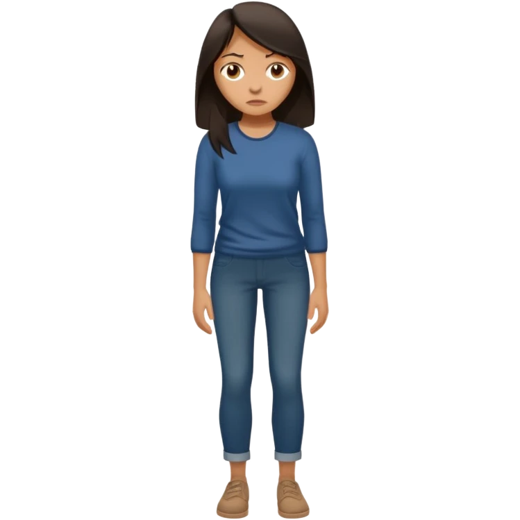 "Cartoon emoji of a woman with long, loose dark hair, wearing plain, simple clothes. Full-height, standing, nervous, unsure, worried expression. Slightly hunched, anxious posture. Smooth, simple, stylized." emoji