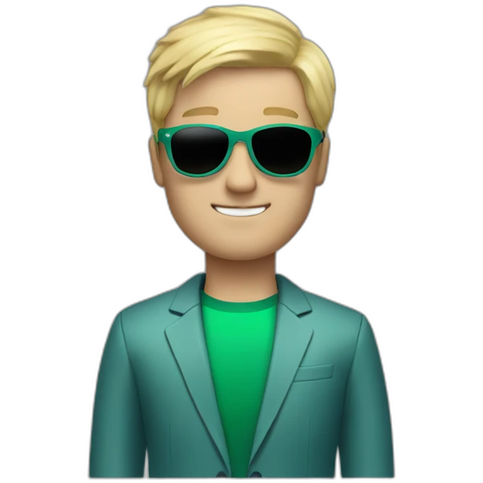 white guy in gradient green blue suit with blonde hair and black sunglasses standing with black adidas shoes emoji