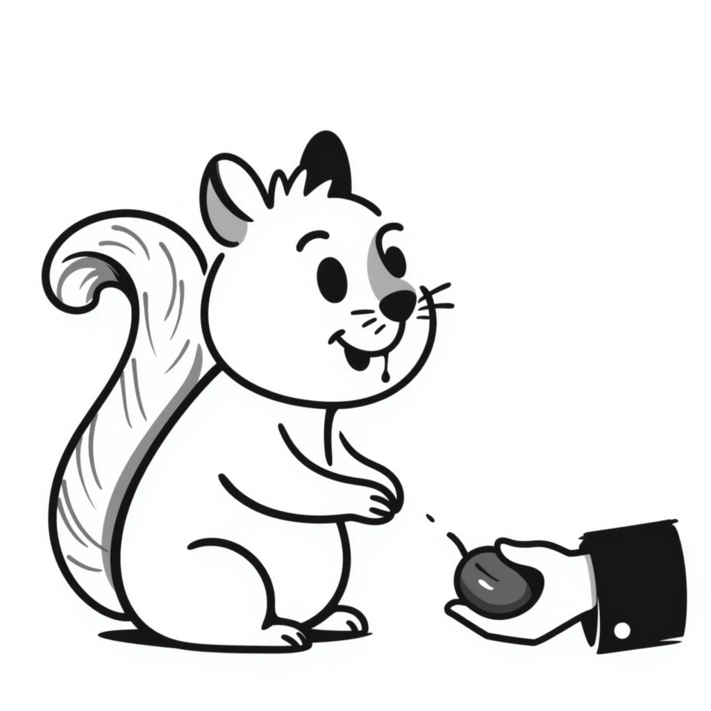 Hand-drawn squirrel with dripping drool, hungry expression, eyeing food emoji