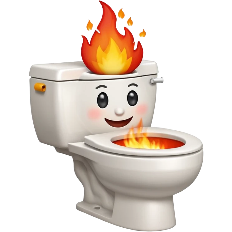 A smiling, happy white-colored toilet with fire coming from its bowl emoji
