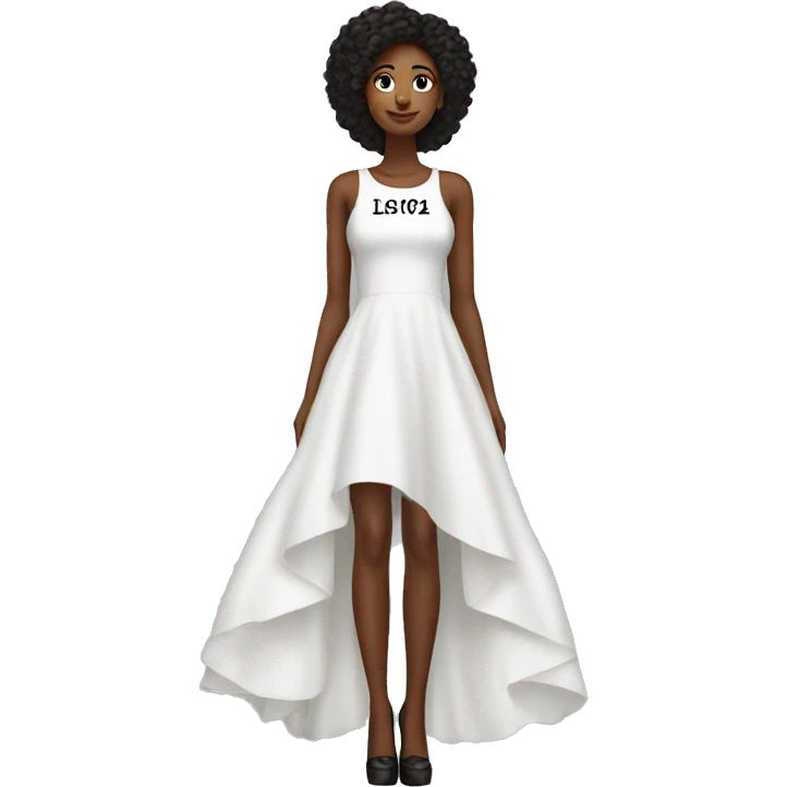 White high low dress with black words on the bottom of the dress  emoji