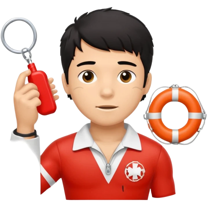 Tan Muscular lifeguard teen boy with rescue buoy and whistle messy black hair saving life emoji