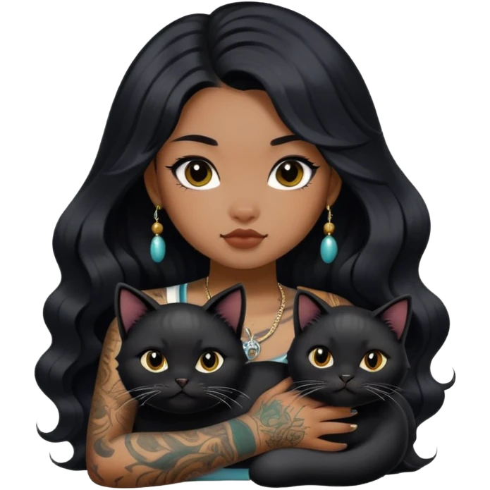 a Chinese girl with long black  Big Wave hair and tattoos and a black round faced cat no hands emoji
