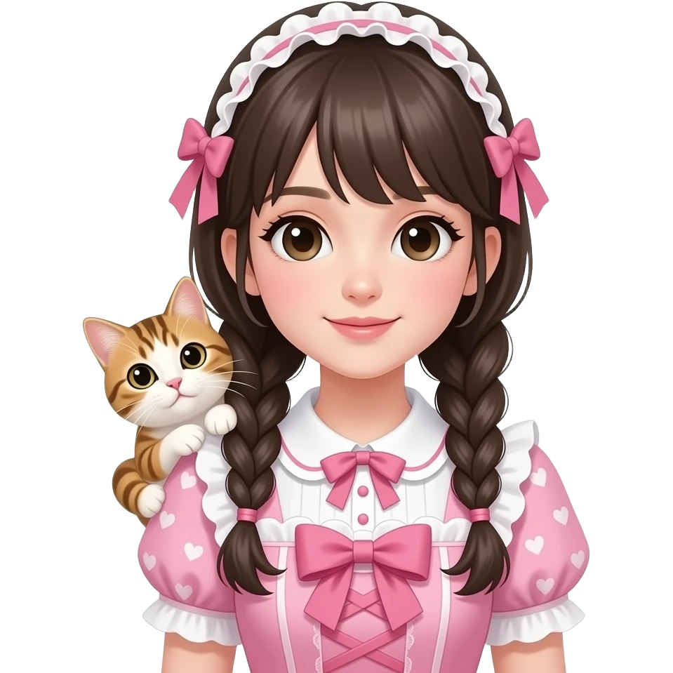 memoji brunette girl lolita pink  dress braids cat on shoulder emoji