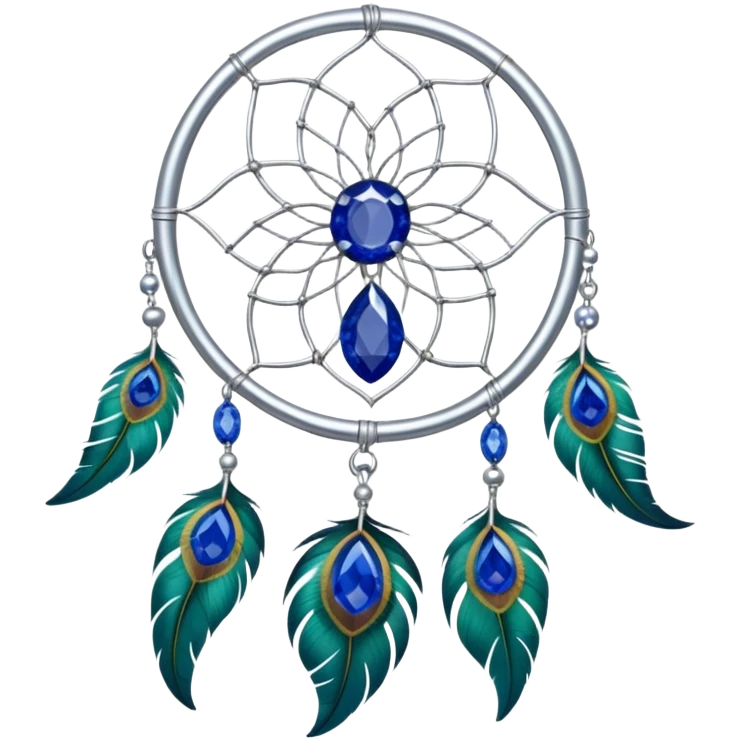 a Silver Dreamcatcher with sapphire-stones and emerald-stones, and with peacock-feathers. Big sapphire gem in the middle. Many tiny emeral gems around it.   emoji